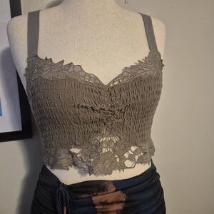 Brown Lace Crop Corset Fairycore Cottagecore L Free People Stretch